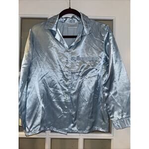 Vintage Sleep Shirt Pajama Top Blue Stitching Detail Collar and Pocket Button Up